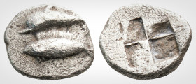 Greek 
Mysia. Kyzikos. (Circa 550-480 BC)
AR Obol (10,8mm, 0.90 g)
Dolphin left above tunny left. / Quadripartite incuse square. Numismatik Naumann 57...