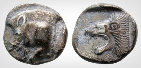 Greek 
 Mysia, Kyzikos. (Circa 525-475) 
AR Diobol (10,3mm, 1.12 g)
Forepart of boar tunny-fish behind. / Head of lion with open jaws and tongue protr...