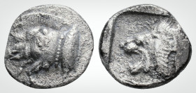 Greek
Mysia. Kyzikos (circa 480 BC).
AR Diobol (10,4 mm, 1,8 g)
Forepart of boar left with short mane and dotted truncation, to right, tunny upward / ...