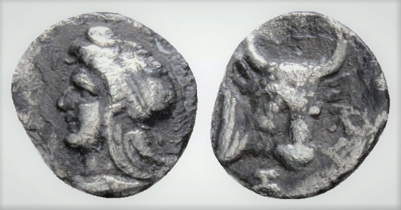 Greek
Mysia. Kyzikos (circa 460-410 BC).
AR Hemiobol (7,8 mm., 0,28g.)
Head of A...