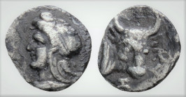 Greek
Mysia. Kyzikos (circa 460-410 BC).
AR Hemiobol (7,8 mm., 0,28g.)
Head of Attis left, wearing Phrygian cap; below, tunny / KY-ZI (clockwise, Z as...