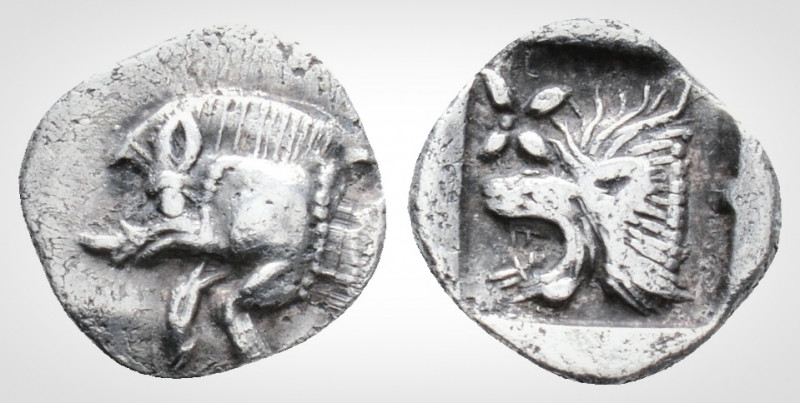 Greek 
Mysia. Kyzikos. (Circa 450-400 BC).AR Hemiobol (0.9 mm, 0,40 g.)Forepart ...