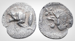 Greek
Mysia, Kyzikos. (Circa 450-400 BC) 
AR Hemiobol (9,6 mm, 0,34g.).
Forepart of boar left; to right, tunny upward /Head of roaring lion left; star...