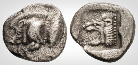 Greek
Mysia, Kyzikos. (Circa 450-400 BC) 
AR Obol. (10,8 mm, 1,05). 
Forepart of boar to left, tunny fish behind / Head of roaring lion to left within...