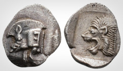 Greek
Mysia, Kyzikos (Circa 450-400 BC) 
AR Obol. (12,6 mm, 0,81). 
Forepart of boar to left, E (retrograde) on shoulder, [tunny fish] upwards behind ...