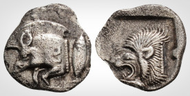 Greek
Mysia, Kyzikos (Circa 450-400 BC) 
AR Obol. (11,5 mm, 0,82). 
Forepart of boar to left, E (retrograde) on shoulder, [tunny fish] upwards behind ...