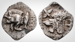 Greek
Mysia, Kyzikos. (Circa 525-475 BC). 
AR Tetartemorion (11,5 mm, 0.34 g, 9h). 
Forepart of boar left; tunny to right / Head of roaring lion left;...