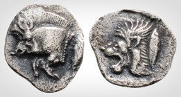 Greek 
Mysia, Kyzikos (Circa 450-400 BC). 
AR Hemiobol. (9,5mm, 0.34 g,) 
Forepart of boar left / Head of roaring lion left; tunny upwards behind, all...