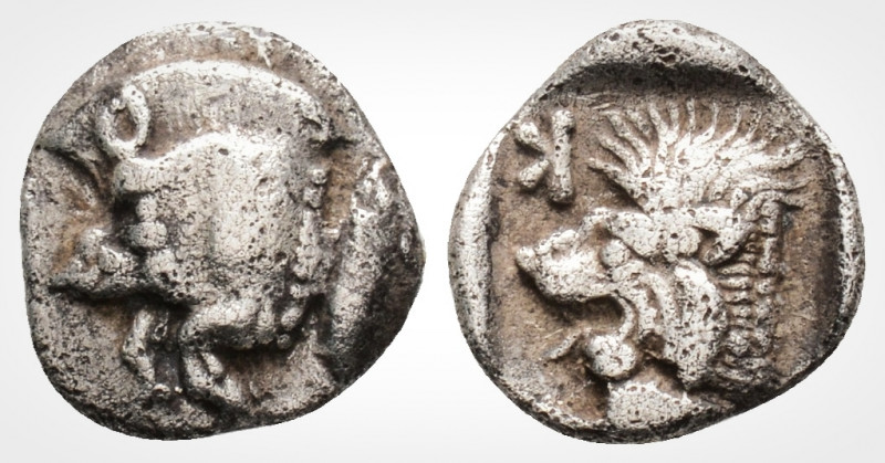 Greek
Mysia. Kyzikos. (Circa 450-400 BC)
AR Obol (10,1mm, 0.79 g,)
Forepart of b...