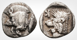 Greek
Mysia. Kyzikos. (Circa 450-400 BC)
AR Obol (10,1mm, 0.79 g,)
Forepart of boar left; tunny to right. / Head of roaring lion left; retrograde K in...