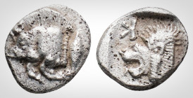 Greek
Mysia. Kyzikos. (Circa 450-400 BC)
AR Obol . (9.7 mm, 0,76g.).
Forepart of boar left; tunny to right / Head of roaring lion left; retrograde K i...