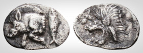 Greek
Mysia, Kyzikos (Circa 450-400 BC)
AR Tetartemorion. (9,7 mm, 0,32g.).
Forepart of boar left; tunny to right / Head of roaring lion left; star to...