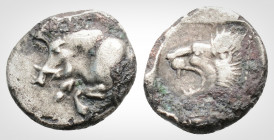 Greek
Mysia, Kyzikos (Circa 450-400 BC). AR Hemiobol (10,1 mm, 0,62g.).
Obv: Forepart of boar left; tunny to right Rev: Head of roaring lion left; sta...