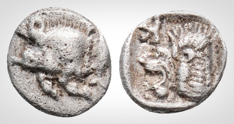 Greek
Mysia, Kyzikos (Circa 550-480 BC). 
AR Hemiobol (7,5 mm, 0,36g.)
Forepart ...