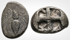 Greek
IONIA, Ephesos. (Circa 500-420 BC). 
AR Drachm (14,5 mm, 2,22 g.)
Bee with curved wings and coiled tendrils Ε - Φ. / Quadripartite incuse square...