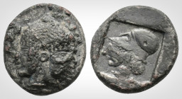 Greek
MYSIA. Lampsakos (Circa 500-450 BC). 
AR Diobol (13 mm, 1,6 g.)
Janiform female head. / Helmeted head of Athena left within incuse square. SNG B...