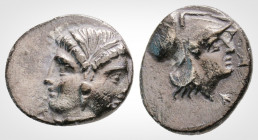 Greek
MYSIA. Lampsakos (Circa 500-450 BC). 
AR Diobol (12.1 mm, 1,2 g.)
Janiform female head. / Helmeted head of Athena left within incuse square. SNG...