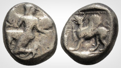 Greek
CARIA, Kaunos. (Circa 490-370 BC). 
AR Hemidrachm (12 mm, 2,5 g.)
Winged female figure in kneeling-running stance left, head right. / Griffin st...