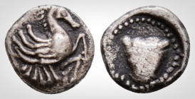 Greek
Uncertain mint ( ?) (Circa 450-400 BC ?). 
AR obol (8,2 mm, 0,66 g.)
 Forepart hippocamp to right. / facing head of Bull. Probably Unpublished
E...