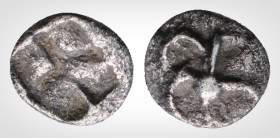 Greek
Uncertain mint ( ?) (Circa 550-500 BC ?)
AR Tetartemorion (8,2 mm, 0,66 g.)
Uncertain figure / Incuse square punch. Very fine