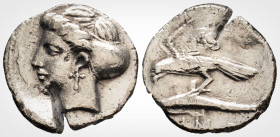 Greek
PAPHLAGONIA, Sinope. (Circa 410-350 BC ). 
AR drachm (19.6 mm, 5.6 g.)
Head of nymph left, hair in sakkos, crucifix earring. / Sea eagle on dolp...