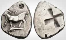 Greek
THRACE Byzantion (Circa 357-340 BC )
AR Drachm (19.9 mm, 5 g.)
Cow standing left on dolphin. / Quadripartite incuse square of mill-sail form....