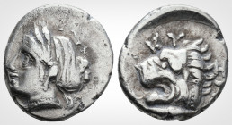 Greek
Mysia. Kyzikos. (Circa 390-341 BC)
AR Drachm. (15.8 mm, 3.28g.)
ΣΩTEIPA Head of Kore Soteira left, hair in sphendone covered with a veil, wearin...