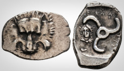 Greek
 Dynasts of Lycia. Perikles. (Circa 380-360 BC)
AR 1/3 Stater (20 mm, 3.10 g.) 
Facing lion's scalp. / 'Perikles' in Lycian; triskeles; to left,...
