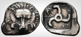 Greek
Dynasts of Lycia. Perikles. (Circa 380-360 BC ) 
AR 1/3 Stater (18.4 mm, 2.97 g.) Antiphellos.
Facing lion's scalp. / 'Perikles' in Lycian; tris...