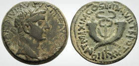 Roman Imperial
Commagene Tiberius 
AE Bronze Dupondius (30.2 mm 15.6 g) 
Obv: TI CAESAR DIVI AVGVSTI F AVGVSTVS, laureate head right.
Rev: PONT MAXIM ...