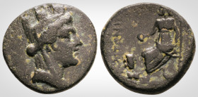 Greek
Cilicia, Hierapolis 
AE Bronze (19.2 mm 6.1 g). 2nd-1st centuries BC. 
Obv: Veiled and turreted head of Tyche to right; [monogram behind]
Rev: [...
