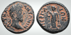 Roman Provincial
Pamphylia. Perge, Marcus Aurelius (161-180 AD)
AE Bronze (13.6 mm 2.5 g) 
Obv: AVT KAI ANTΩNIN, laureate head right 
Rev: ΠΕΡΓΑΙΩΝ la...