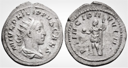 Roman Imperial
PHILIP II (244-246 AD). Rome
Antoninianus Silver (23.9 mm 3.3 g)
Obv: M IVL PHILPPVS CAES, radiate, draped and cuirassed bust right.
Re...
