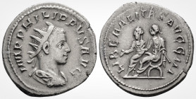 Roman Imperial
PHILIP II (247-249 AD). Rome
Antoninianus Silver (23.1 mm 3.7 g)
Obv: IMP PHILIPPVS AVG, Radiate, draped and cuirassed bust of Philip I...