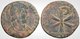 Roman Imperial
Magnentius (350-353 AD). Treveri (Trier) mint, 1st officina. 7th emission, AD 353.
AE (24.2 mm 5.1 g)
Obv: Bareheaded, draped, and cuir...