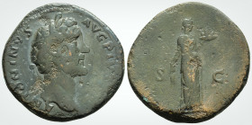 Roman Imperial
ANTONINUS PIUS (138-161 AD). 
Sestertius AE Bronze (32.2 mm 26.6 g)
Obv: ANTONINVS AVG PIVS P P , Laureate head right.
Rev:TR POT COS I...
