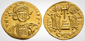 Constantine IV Pogonatus, with Heraclius and Tiberius.( 668-685 AD Constantinople. 
AV Solidus (18.5mm, 4.47 g, 6h). 
Constantinople mint. Struck circ...
