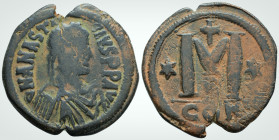 Byzantine
Anastasius (491-518 AD ) Constantinople 
AE Follis (34.8mm 16.3 g) 
Obv: Diademed, draped and cuirassed bust right 
Rev: Large M, off. E (?)...