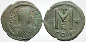 Byzantine
Anastasius I.( 491-518 AD ) Constantinople 
AE Follis (37.1mm, 18.8 g). 
Obv: Diademed, draped and cuirassed bust right 
Rev: Large M; cross...
