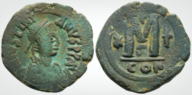 Byzantine
Justinian I. (527-565. AD ) Constantinople 
AE Follis ( 28mm., 16,46g.) 
Obv: D N IVSTINIANVS P P AVG, pearl diademed, draped, cuirassed bus...