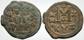 Byzantine
Justin II. (565-578.AD) Cyzicus 
AE follis (30.5 mm, 12.8 g,) 
Obv: D N IVSTINVS P P AVG, Justin on left, Sophia on right, seated facing on ...