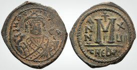 Byzantine
Maurice Tiberius ( 582–602AD) Antioch 
AE Follis (32mm, 10.5 g) 
Obv: Facing bust of Maurice, wearing crown with pendilia and consular robes...