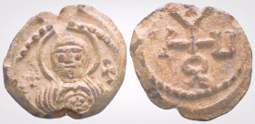 Byzantine Lead Seal (7 th Century) Bishop
Obv: Mary, frontal. Jesus in the medallion on his chest. Cross on the right and left. Pearl border. Broken c...