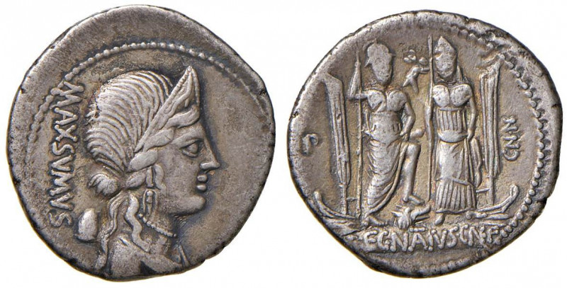 Egnatia - Cn. Egnatius Cn. f. Cn. n. Maxsumus - Denario (75 a.C.) Testa della Li...