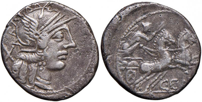 Porcia - C. Cato - Denario (123 a.C.) Testa di Roma a d. - R/ La Vittoria su big...