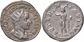 Gordiano III (238-244) Denario - Busto laureato e drappeggiato a d. - R/ Il Sole radiato a s. - RIC 111 AG (g 3,85) Ampia frattura del tondello
BB