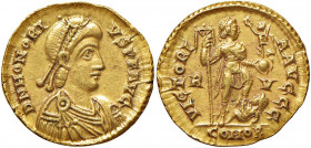 Onorio (393-423) Solido (Ravenna, circa 402-406) - Busto diademato a d. - R/ L’imperatore state a d. calpesta un nemico - RIC 1287 AU (g 4,47) Colpo d...