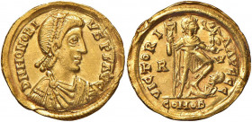 Onorio (393-423) Solido (Ravenna, circa 402-406) Busto diademato a d. - R/ L’imperatore stante a d. calpesta un nemico - RIC 1287 AU (g 4,50)
BB+