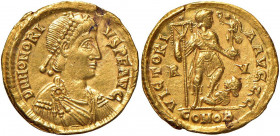 Onorio (393-423) Solido (Ravenna, circa 402-406) Busto diademato a d. - R/ L’imperatore stante a d. calpesta un nemico - RIC 1287 AU (g 4,38) Schiacci...