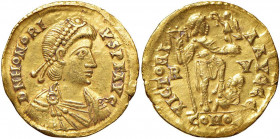 Onorio (393-423) Solido (Ravenna, circa 402-406) - Busto diademato a d. - R/ L’imperatore state a d. calpesta un nemico - RIC 1287 AU (g 4,45) Ondulaz...